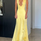 Yellow Satin Lace-up Halter V-neck Bodycon Evening Gown Prom Dress Party Dress nv1934