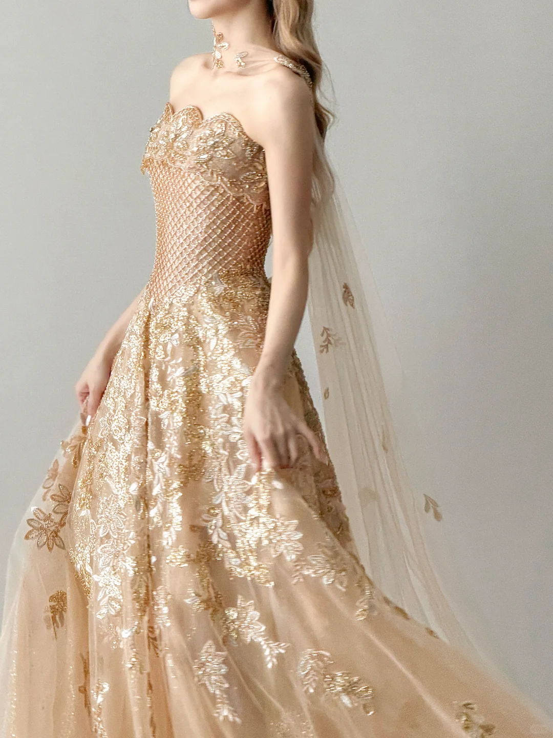 Champagne Strapless Ball Gown Gold Floral Tulle Prom Dress With Streamer  NV7113