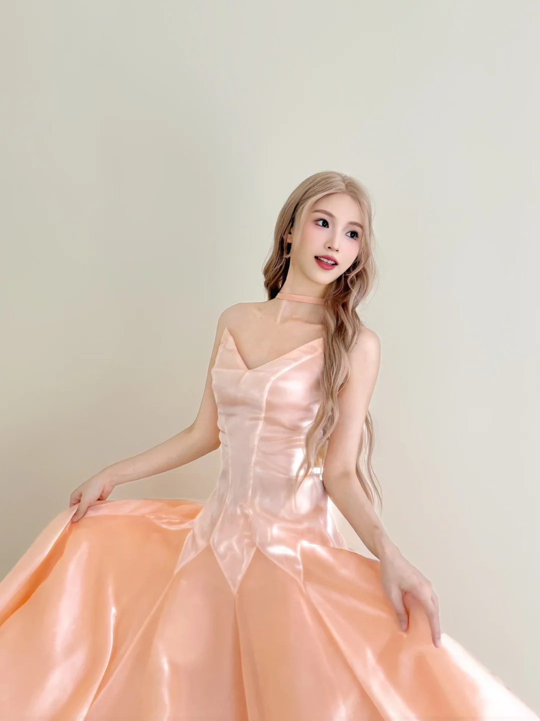 Peach Pink Spaghetti Strap Satin Ball Gown A-Line Prom Dress  NV7177