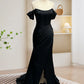 Black Off Shoulder Satin Mermaid Long Prom Dress, Black Long Evening Dress nv1609