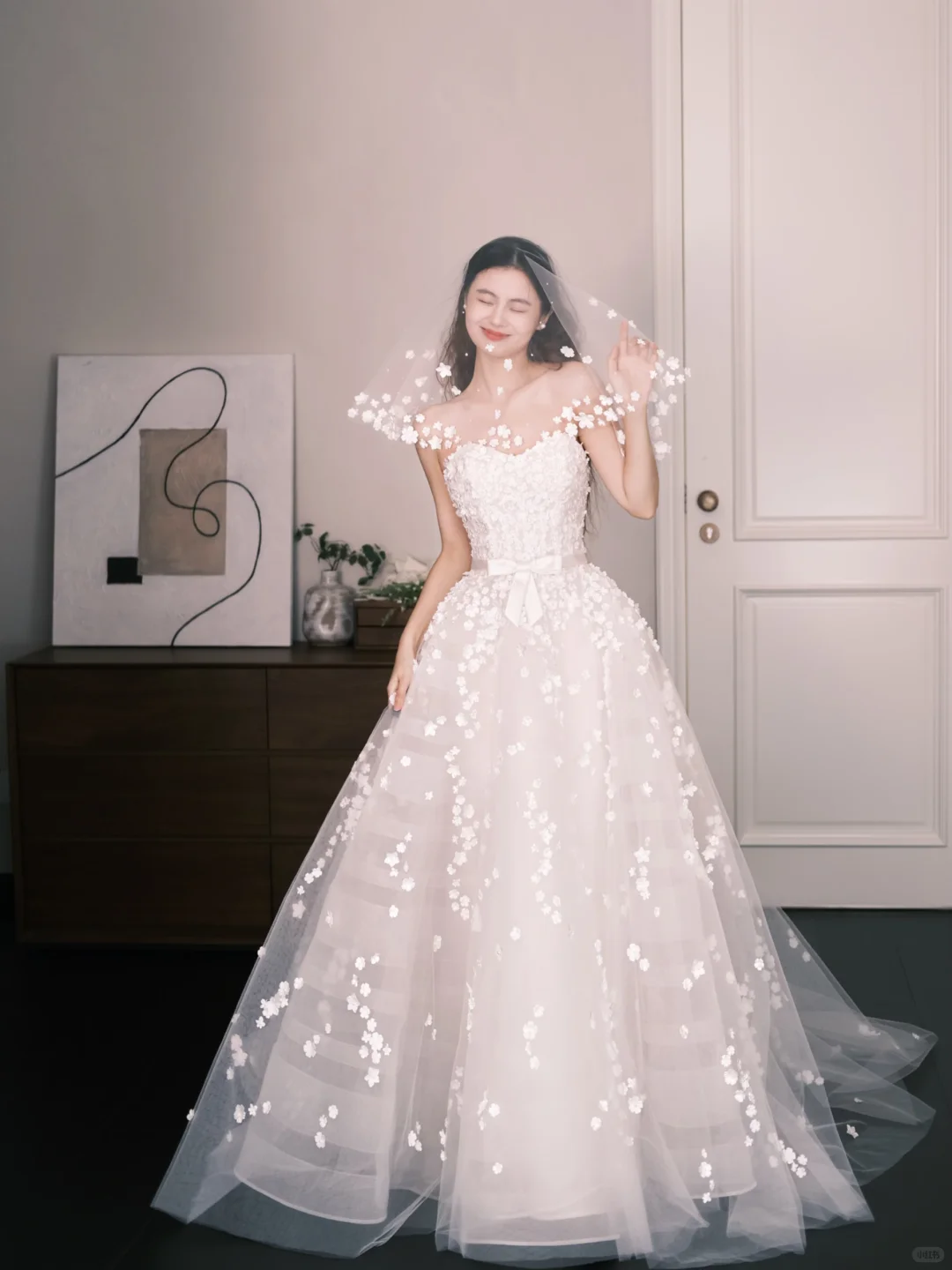 Strapless Sweetheart 3D Flower A Line Wedding Gown with Bow Sash  NV7345