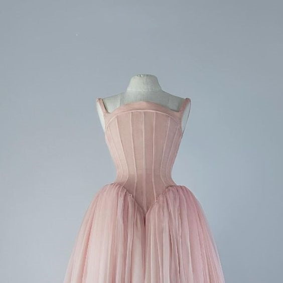 Pink Vintage Simple Tulle Elegant Corset Long Ball Gown Evening Dress Maxi Dress nv2723