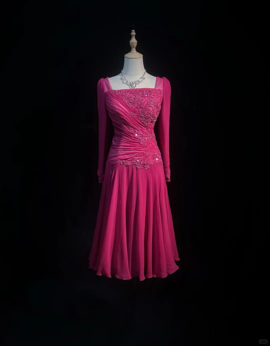 Square Neck Magenta Vintage Midi Prom Dress Long Sleeve Chiffon Lace Floral Appliques Beaded Formal Gown  NV6902