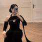 Black elegant long sleeve ribbon long satin prom dress evening dress nv3153