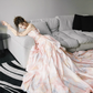 Pink Strapless Ombre Ruffle Prom Gown Watercolor Print Cutout Waist  NV7184
