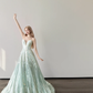 Mint Green Strapless Deep V Prom Gown Vertical Sequin Beading 3D Flower A Line Evening Dress  NV7154
