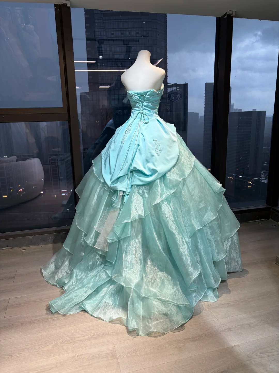 Ice Blue Strapless Princess Ball Gown Beaded Embroidery 3D Flower Ruched Satin Tiered Organza Long Evening Gown  NV7001