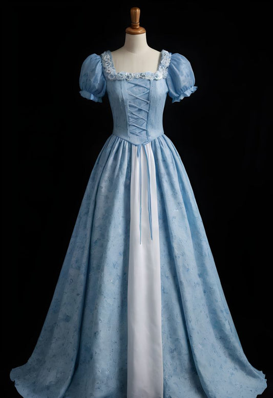 Robe longue de soirée rétro à empiècements en dentelle bleu clair, col carré, manches bouffantes et jupe contrastée NV6432