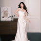 White Strapless Draped Satin Wedding Dress With Long Streamers  NV7230