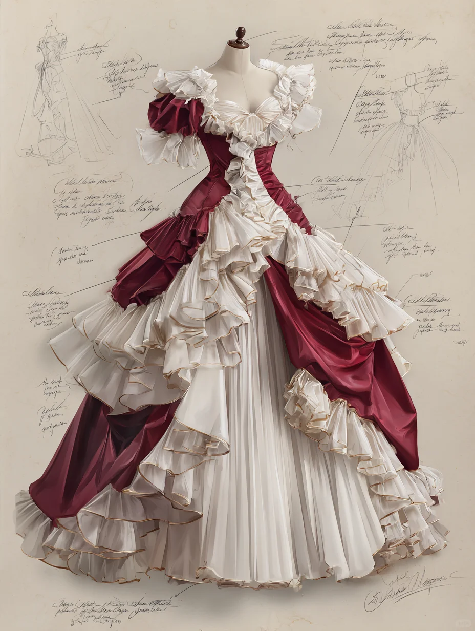 Burgundy Ivory Rococo Victorian V-Neck Gold Trim Tiered Ruffle Ball Gown  NV7405