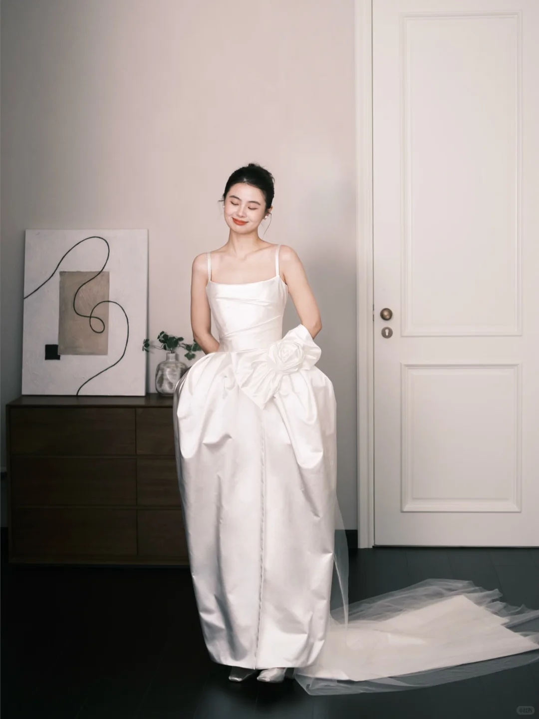 Spaghetti Strap Square Neck Satin Wedding Dress with 3D Rose  NV7354