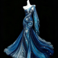 Starry Sky Blue Ombre Mermaid Prom Dress, One Shoulder Star Rhinestone Tulle Evening Gown  NV7462