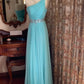 Robe de soirée bleu glacier élégante et fraîche, asymétrique, à taille froncée et traîne ornée de perles - Idéale pour un mariage ou un dîner (NV6371)