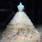 Strapless Pink Ombre Prom Dress 3D Rose Floral Tiered Glitter Tulle Cake Ball Gown  NV7061
