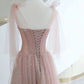 A-Line Pink Round Neck Tulle Long Prom Dresses, Pink Formal Evening Dress nv1528