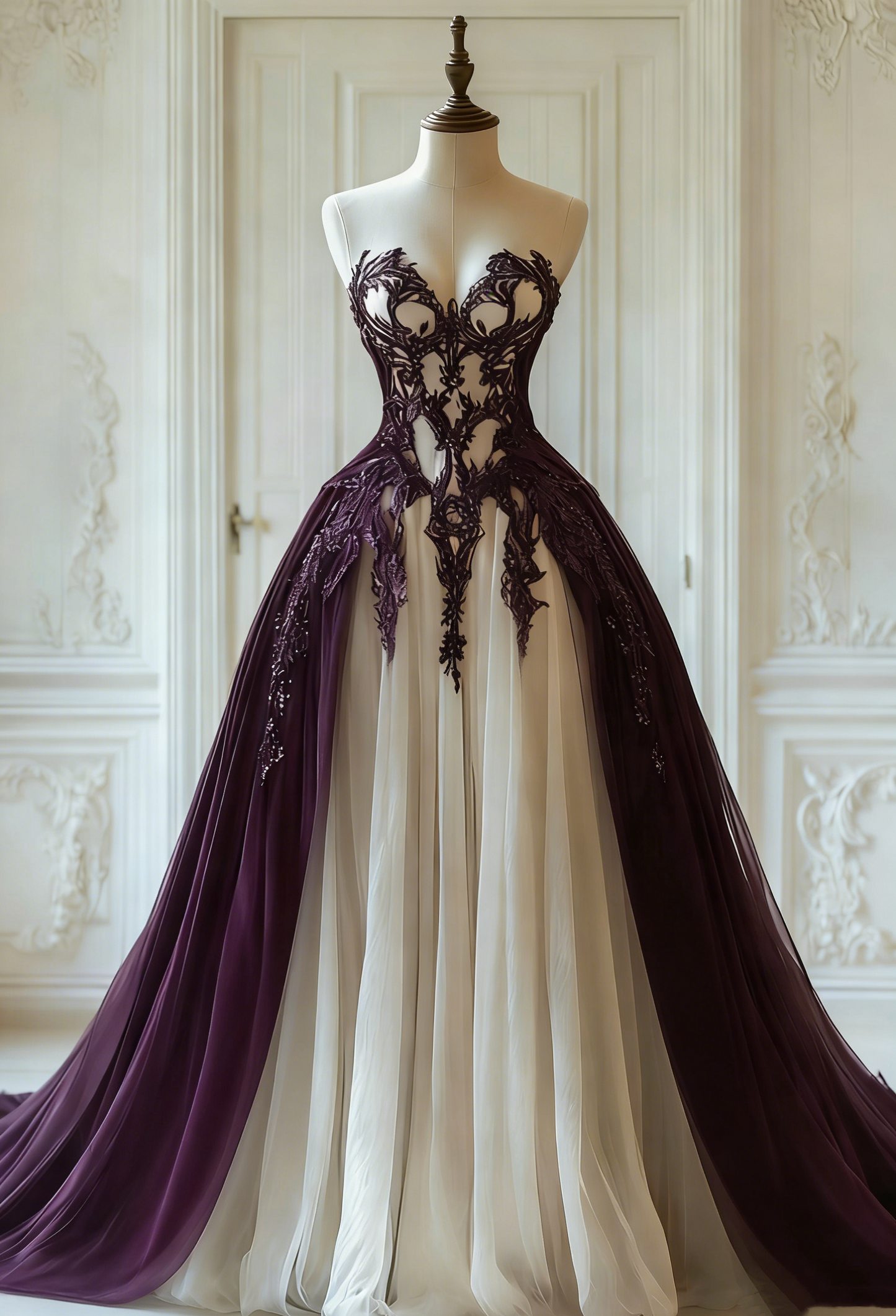 Robe gothique longue en tulle et dentelle noire et blanche à empiècements et manches papillon, modèle NV6172