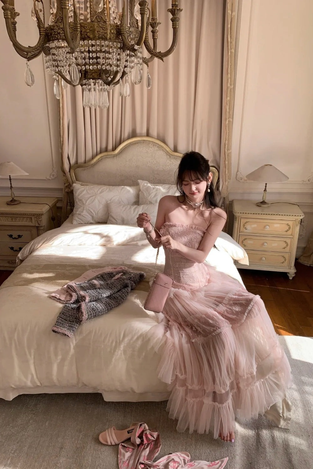 Robe de soirée longue en mousseline rose NV6745
