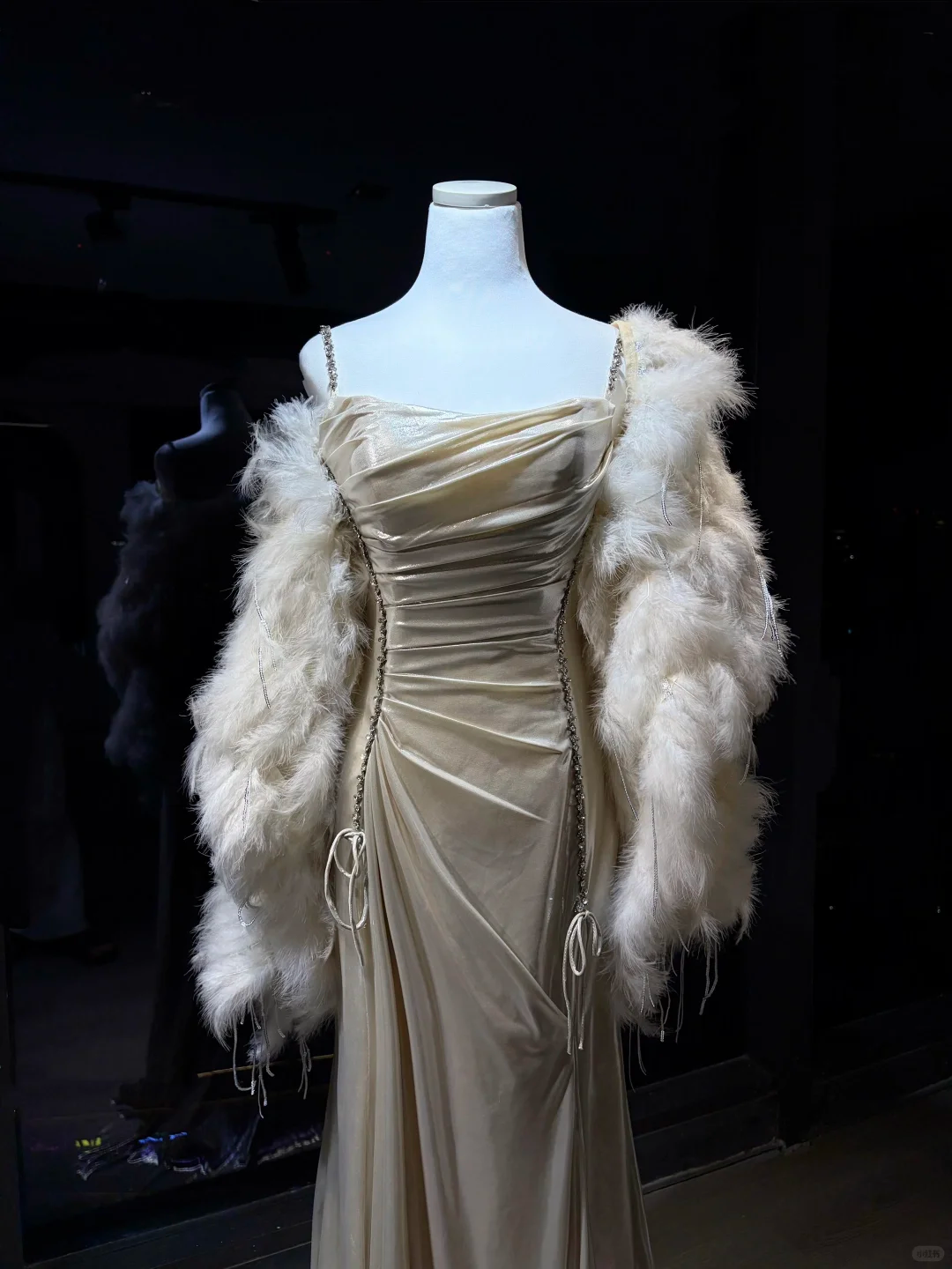 Champagne Square Neck Mermaid Evening Dress, Ruched Shiny Gown with Feather Shawl & Rhinestone Chain  NV7086