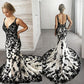 Robe de mariée rétro noire et blanche à fines bretelles en dentelle | Robe longue sirène à traîne, motif encre, idéale pour un gala, une soirée sur tapis rouge ou un événement mondain haut de gamme NV6266