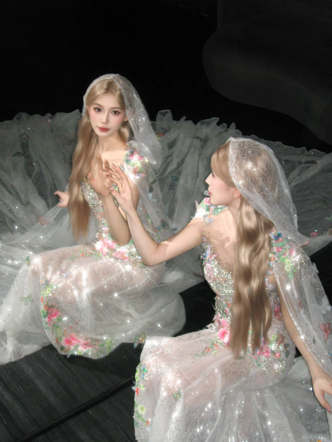 Strapless 3D Floral Mermaid Prom Dress, Beaded Tulle Cape Evening Gown  NV7106