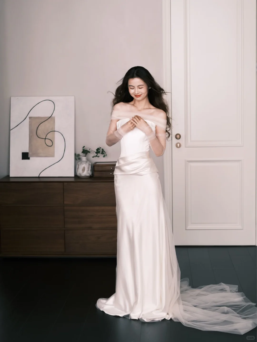 Off Shoulder Satin Mermaid Wedding Dress, Ivory Tulle Bridal Gown  NV7282