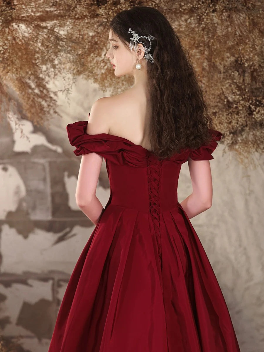 A-Line Off Shoulder Satin Burgundy Long Prom Dress, Burgundy Long Formal Dress nv1605