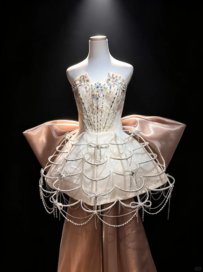 Ivory Strapless Sweetheart Cage Skirt Dress Crystal Chain Tassel Big Champagne Bow Back Runway Prom Gown  NV6934