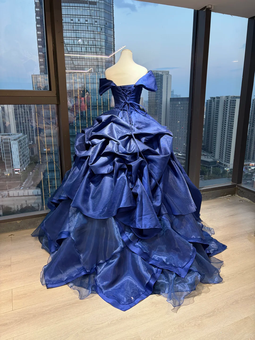 Royal Blue Off Shoulder Princess Ball Gown Puff Sleeve Beaded Embroidery 3D Flower Ruffled Satin Tulle Long Evening Gown  NV6999