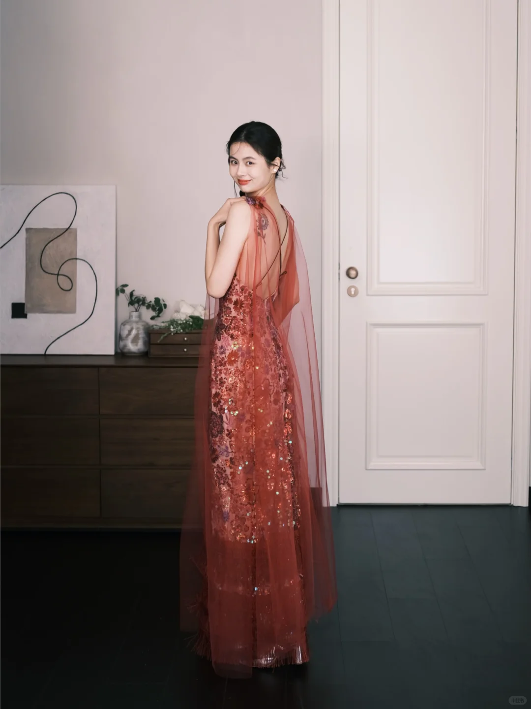 Floral Sequin Spaghetti Strap Evening Dress, Formal Gown with Red Tulle Cape  NV7322