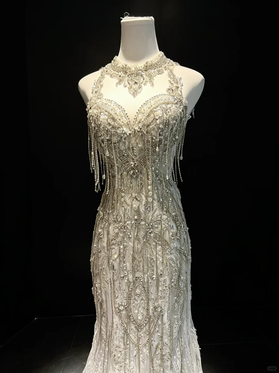 Women White Halter Mermaid Prom Dress, Beaded Sequin Tassel Lace Long Train Fairy Evening Gown  NV6949