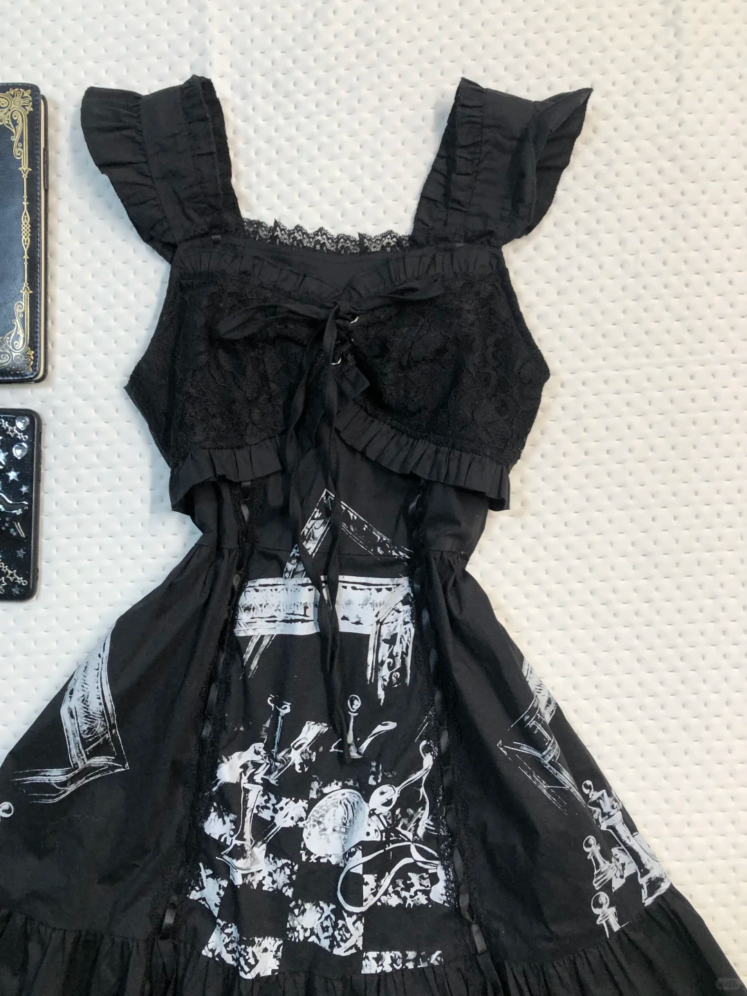 Black Chess Print Midi Homecoming Dress Ruffle Wide Strap Lace Lolita Vintage Cocktail Gown  NV6929