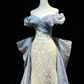 Dusty Blue Off Shoulder Mermaid Evening Gown Sequin Lace Embroidery Oversized Bow Long Train Formal Prom Dress  NV6996
