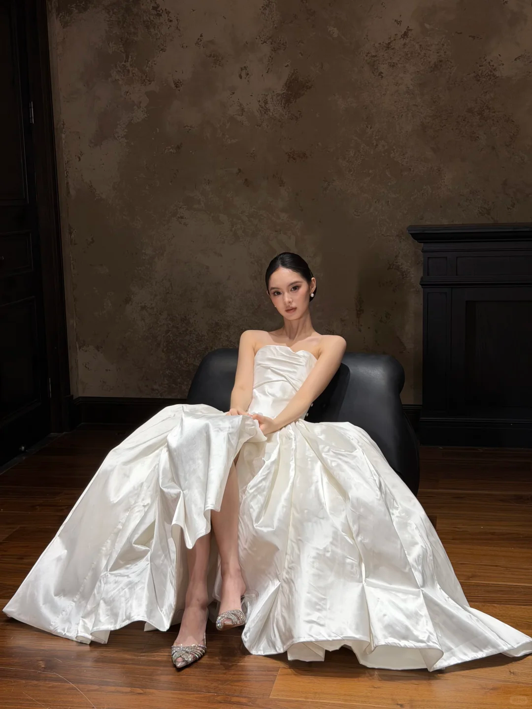 Ivory Strapless Twisted Draped Satin A-Line Wedding Gown  NV7194