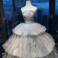 Silver Gray Strapless Princess Ball Gown Heavy Rhinestone Beading Tiered Glitter Tulle Feather Long Evening Gown  NV7005