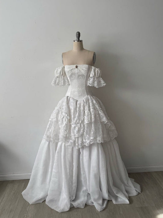 White Retro Princess Dress: Off-the-shoulder Lace, Layered dress, Handmade Custom Wedding Gown NV6418