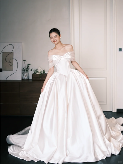 Off Shoulder Ivory Satin Wedding Gown, Tulle Sleeve Bow Corset Ballgown Bridal Dress  NV7391