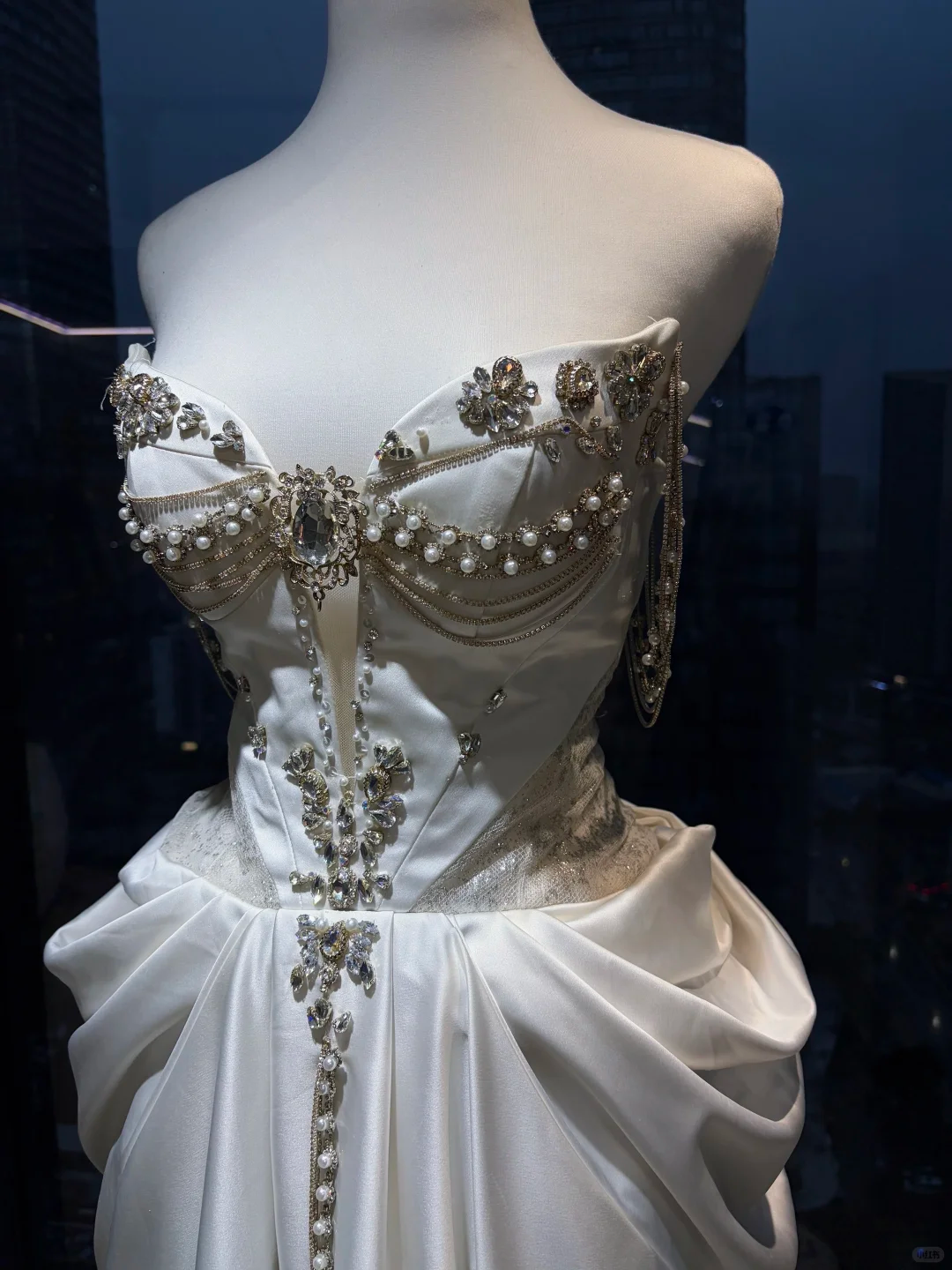 Strapless Sweetheart White Satin Mermaid Gown Rhinestone Pearl Chain Draped Wedding Prom Dress  NV7025