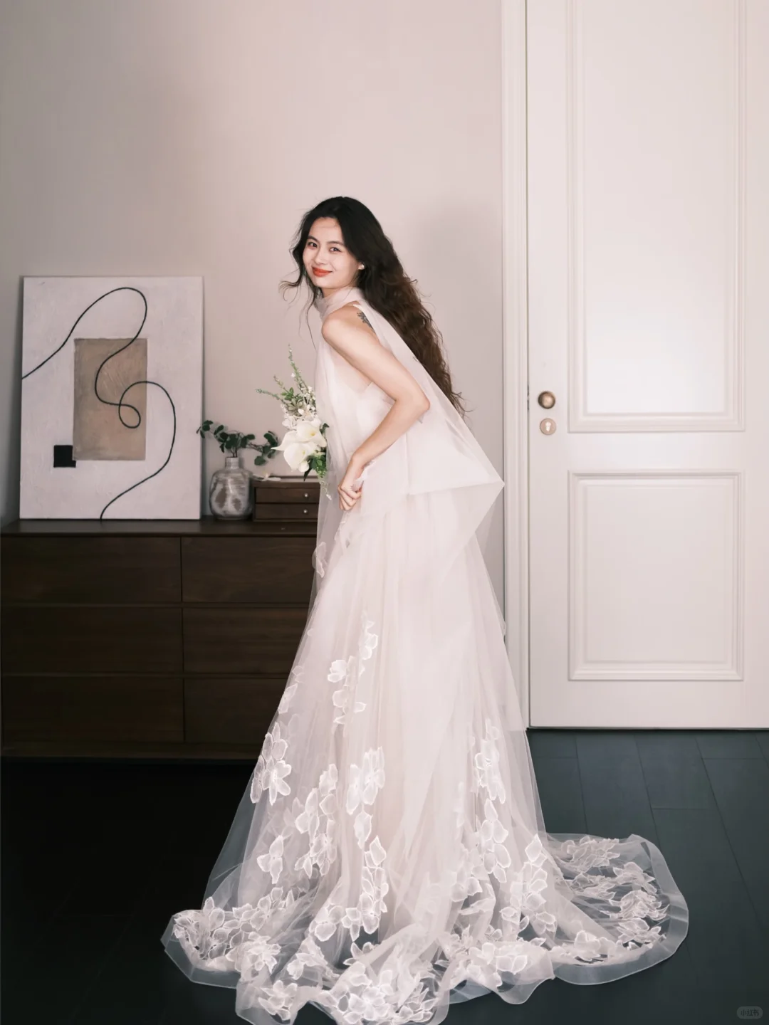 Halter Sheer Tulle Bridal Gown, A-Line Wedding Dress with 3D Flower Petal Appliques  NV7327