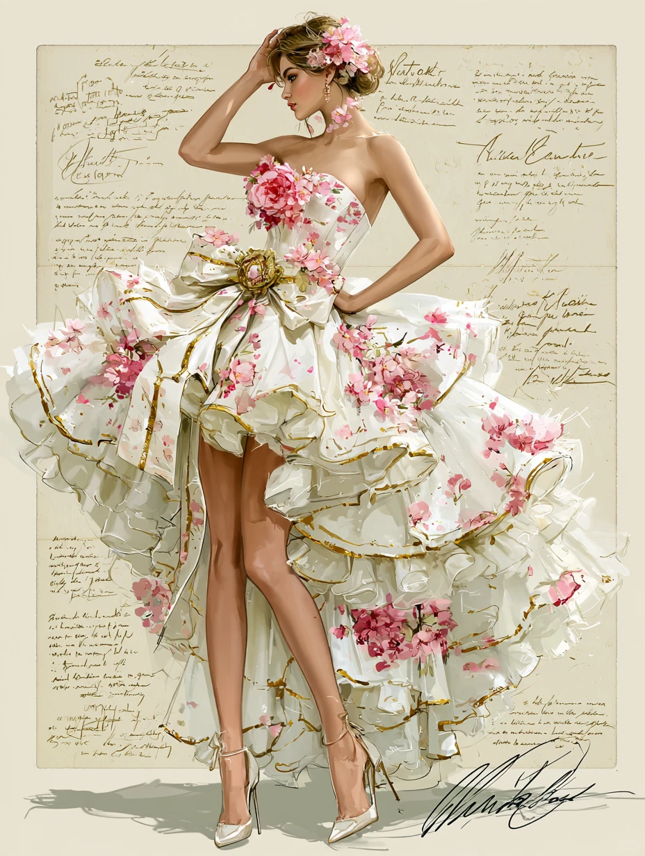 3D Pink Floral Strapless High Low Ruffle Prom Dress with Gold Trim  NV7397