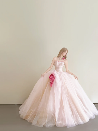 Light Pink 3D Rose Strapless Prom Gown Sweetheart Tulle Formal Dress  NV7168
