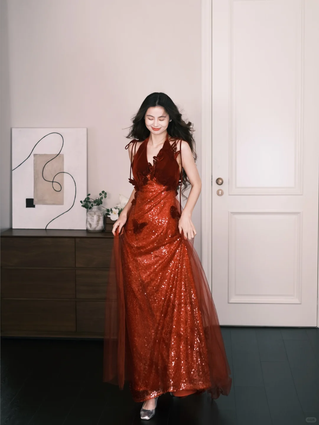 Burgundy Halter Sequin 3D Butterfly Prom Dress  NV7314