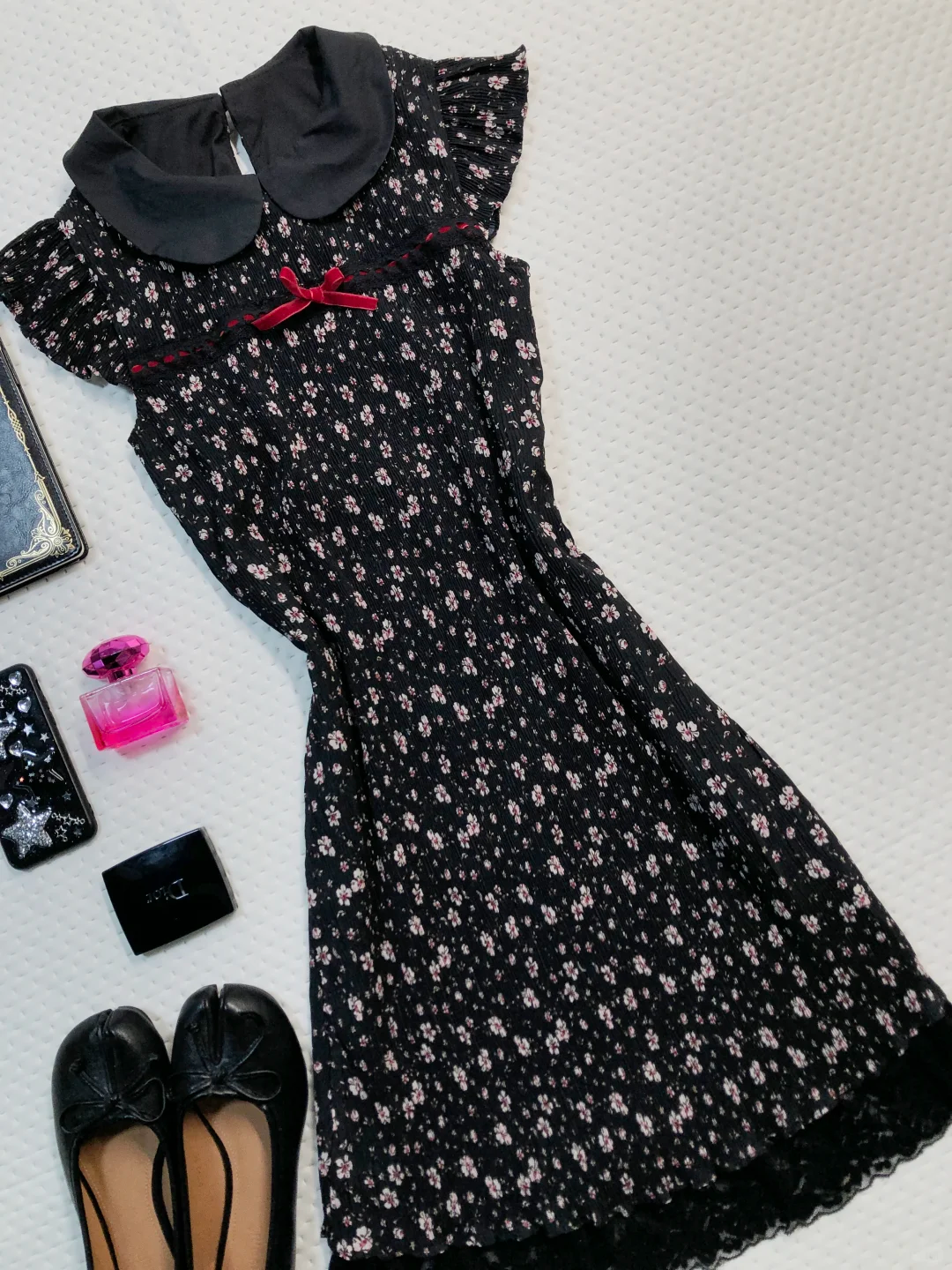 Black Floral Short Homecoming Dress Peter Pan Collar Flutter Sleeve Lace Hem Vintage Cocktail Gown  NV6927