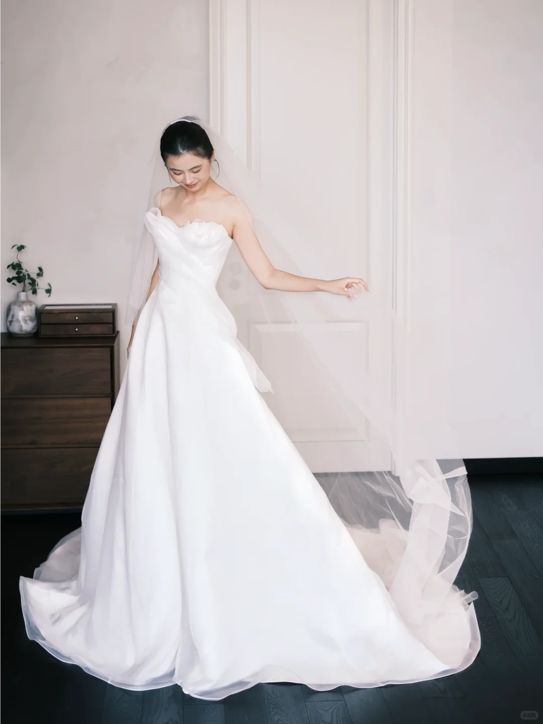 Strapless Ivory Organza Bridal Gown, Ruffle Draped A-line Wedding Dress with Long Train  NV7390