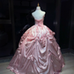 Strapless Shimmer Pink Prom Dress Vintage Satin Ruched Rhinestone Bow Ball Gown  NV7053