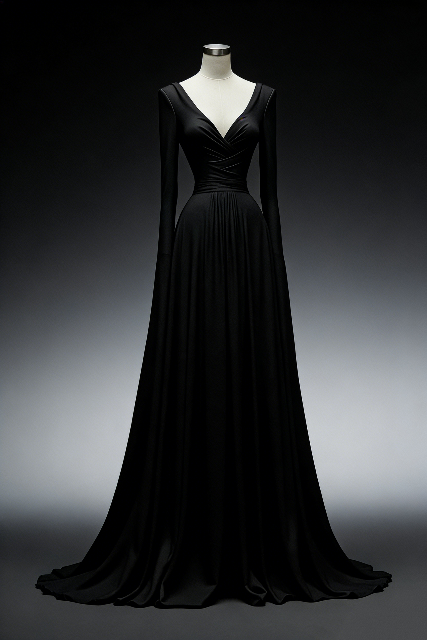 Robe de soirée minimaliste noire à décolleté plongeant en V, manches longues et traîne drapée - NV6775