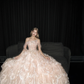 Off Shoulder Light Pink Ball Gown Prom Dress, Tiered Scalloped Tulle Beaded Evening Gown  NV7108