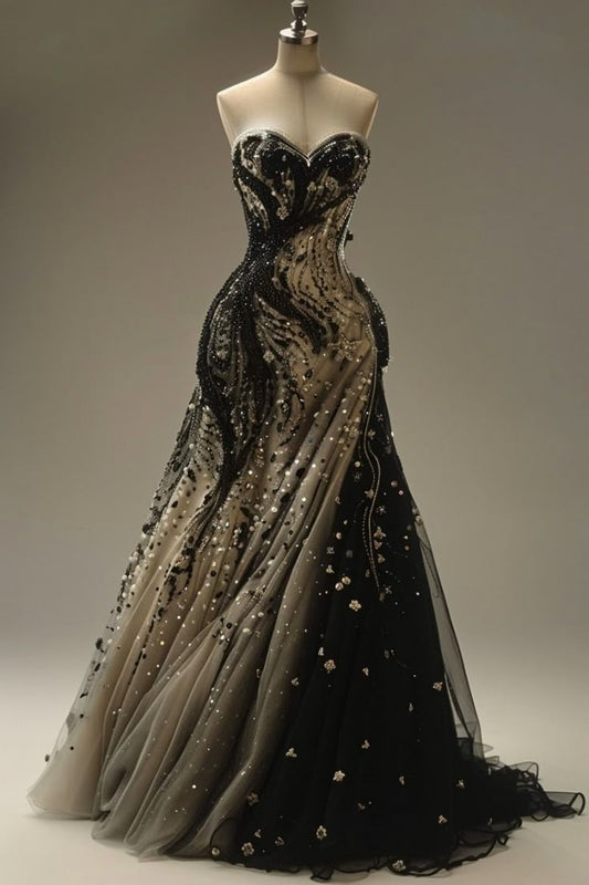 Robe sirène longue sans bretelles en tulle dégradé noir et gris ornée de broderies perlées - NiceVestidos NV6213