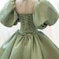 Green Sweet Elegant A-line Long Satin Short Sleeves Prom Dress Evening Dress Birthday Dress Graduation Dress nv74