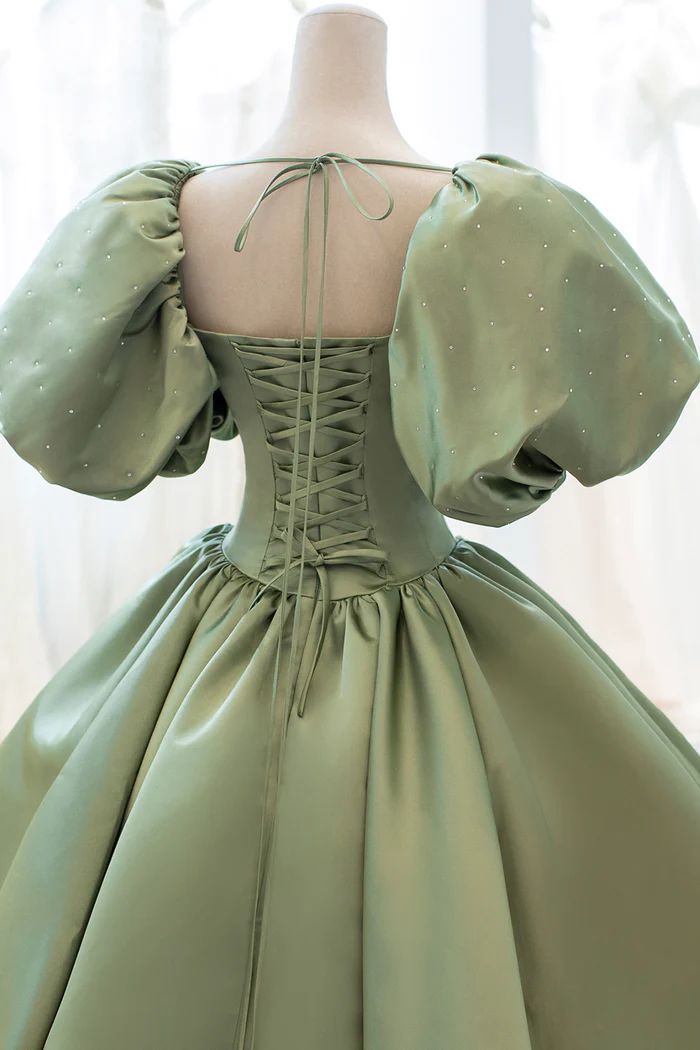 Green Sweet Elegant A-line Long Satin Short Sleeves Prom Dress Evening Dress Birthday Dress Graduation Dress nv74
