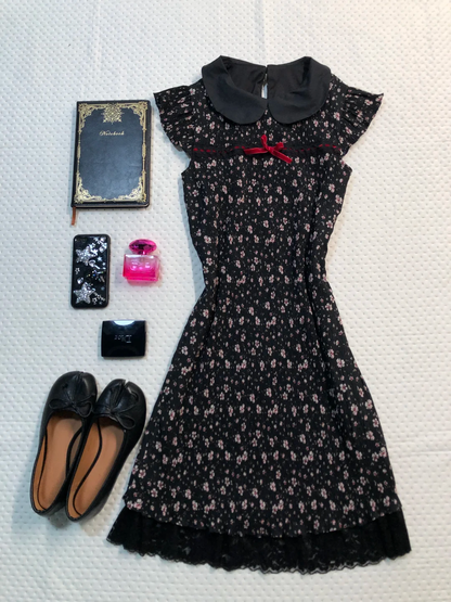 Black Floral Short Homecoming Dress Peter Pan Collar Flutter Sleeve Lace Hem Vintage Cocktail Gown  NV6927